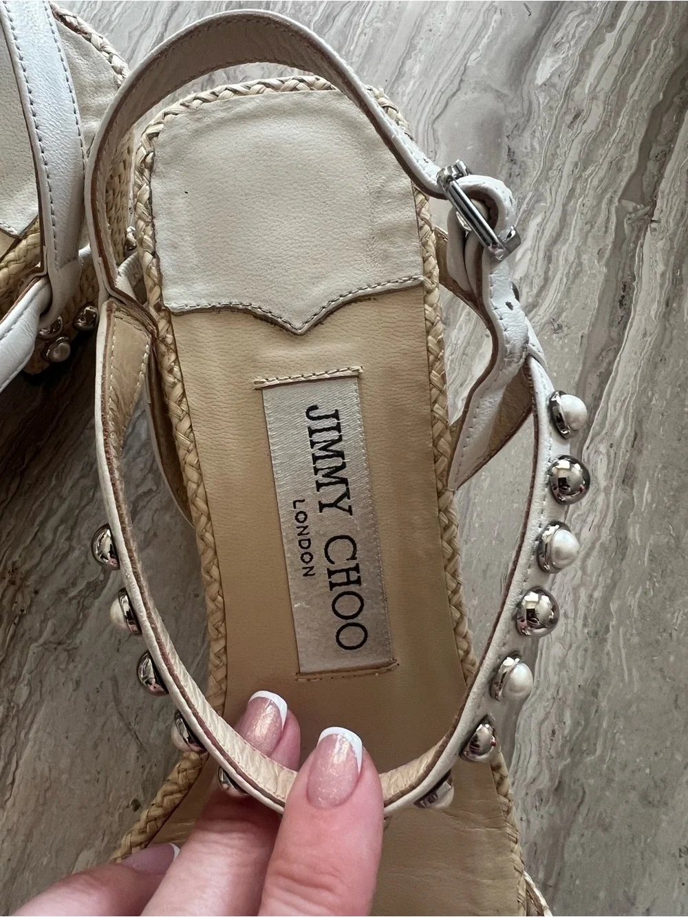 Jimmy Choo Cream Woven Raffia Sandals with Silver Studded Ankle Strap - Picture 4 of 10